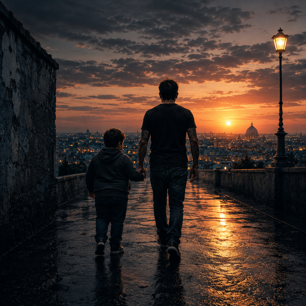 Un uomo e un bambino camminano insieme verso la luce